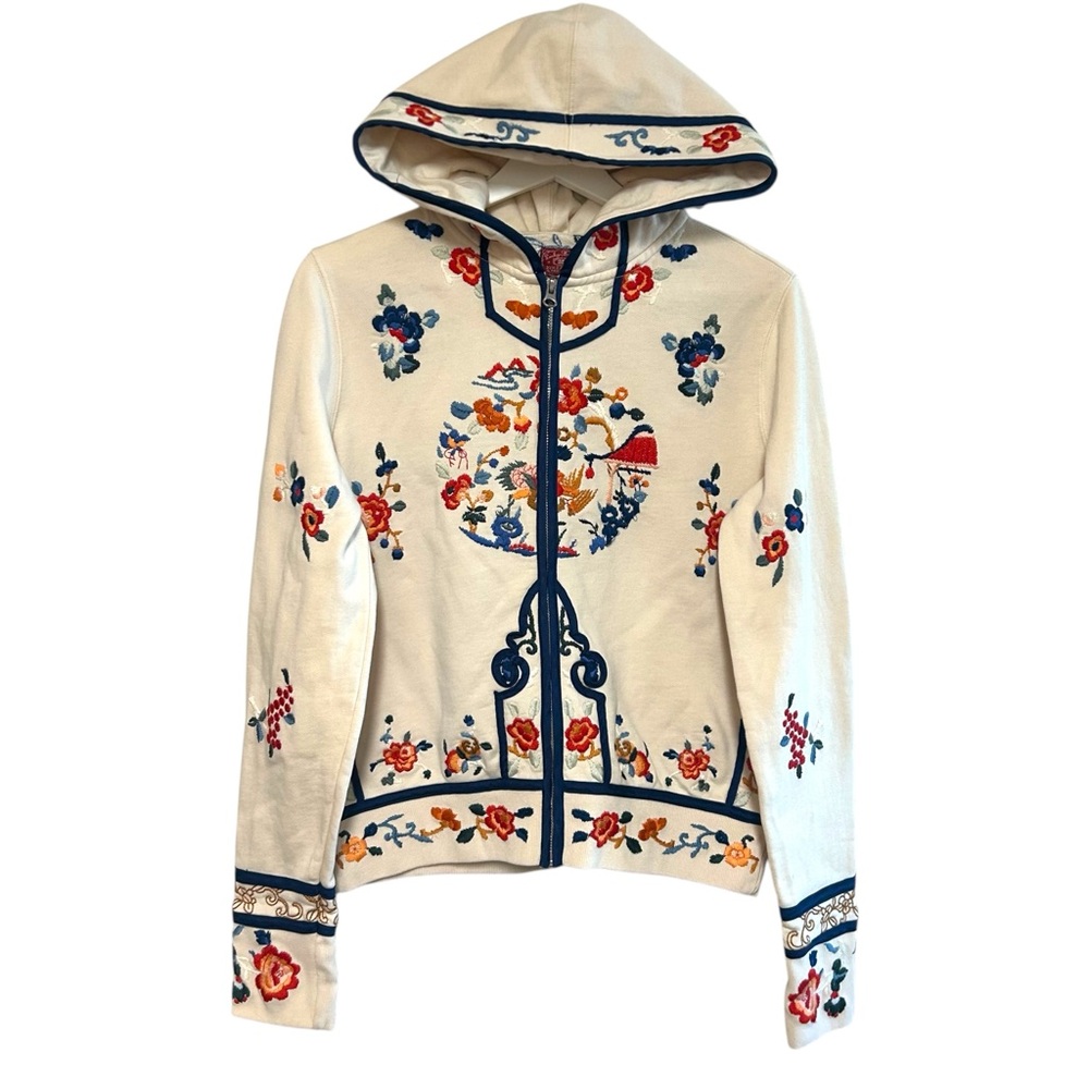 Y2K lucky brand L zip up hoodie Asian design floral embroidery sweatshirt boho